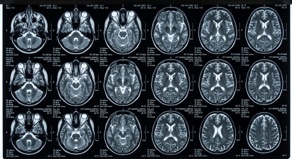 Axial T2-weighted MRI brain scans in a grid.